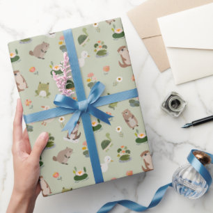 Pond Animals & Lily Pads on Gin Green Wrapping Paper