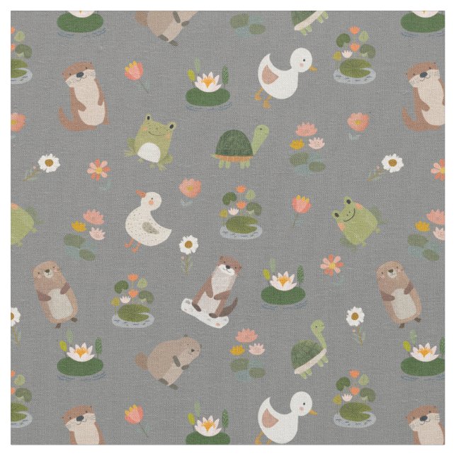 Pond Animals & Lily Pads on Gray Fabric (Close Up)
