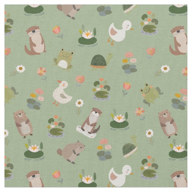 Pond Animals & Lily Pads on Light Green Fabric (Close Up)