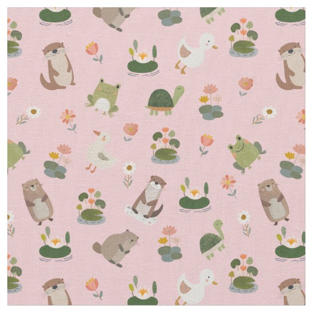 Pond Animals & Lily Pads on Light Pink Fabric (Close Up)