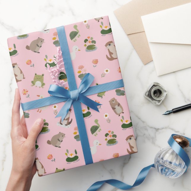 Pond Animals & Lily Pads on Light Pink Wrapping Paper (Gifting)