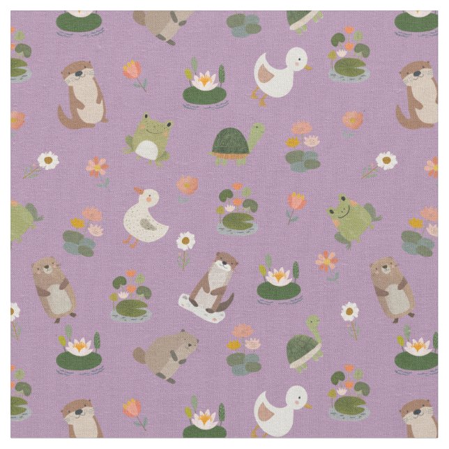 Pond Animals & Lily Pads on Light Purple Fabric (Close Up)
