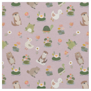 Pond Animals & Lily Pads on Pastel Gray-Pink Fabric