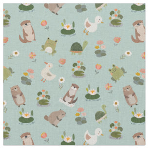 Pond Animals & Lily Pads on Pistachio Green Fabric