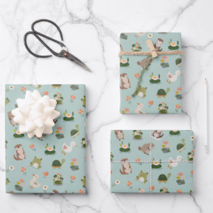 Pond Animals & Lily Pads on Pistachio Green Wrapping Paper Sheet