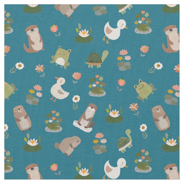 Pond Animals & Lily Pads on Teal Fabric (Close Up)