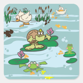Pond scene with cartoon Turtle, duck,fish and frog Square Sticker