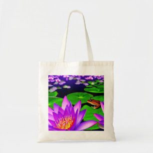 Pond Scene with Water Lily, Lily Pads, and a Frog Tote Bag