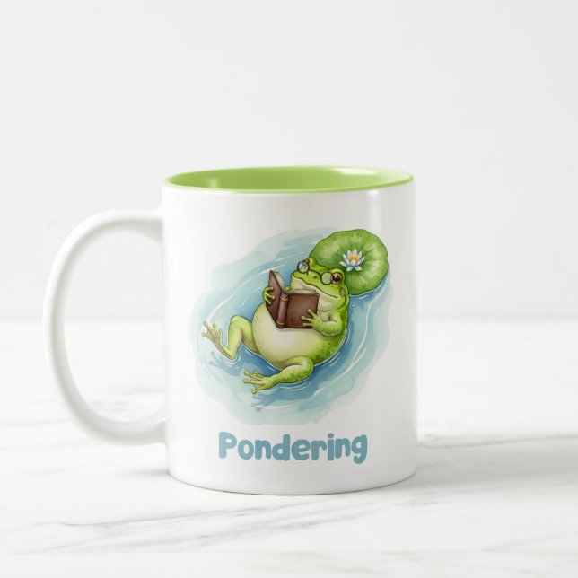 Pondering Frog Reading Book  Two-Tone Coffee Mug (Left)