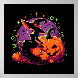 Pondering Witch Sitting on a Pumpkin Poster