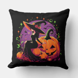 Pondering Witch Sitting on a Pumpkin Throw Pillow