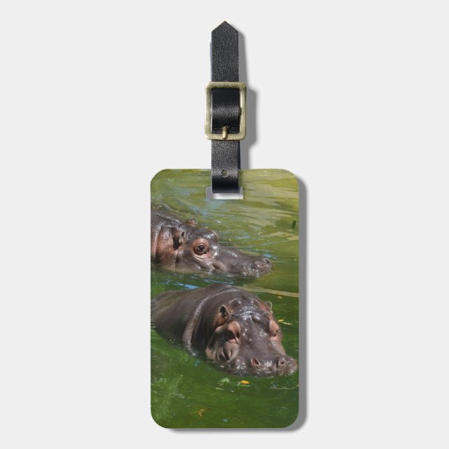 **"Pondside Play: Two Hippos Swimming Together"** Luggage Tag (Front Vertical)