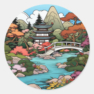Pondside Serenity: Temple and Bridge Sticker