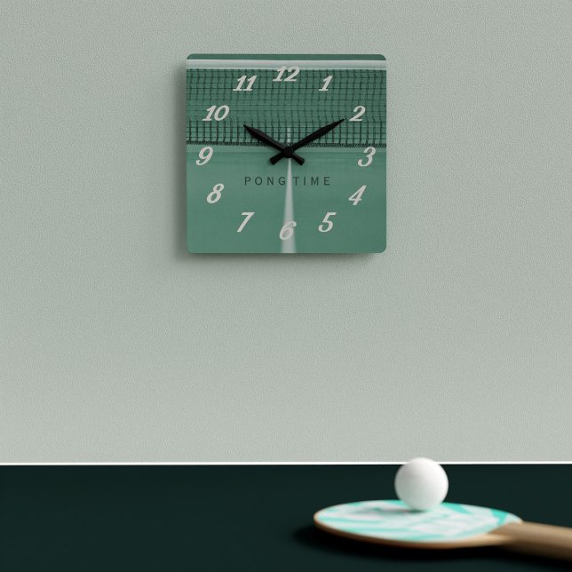 Pong Time Green Table Tennis Ping Pong Lover  Square Wall Clock (It's always time for ping pong! Pop this clock on your wall and you'll always know it's time to play)