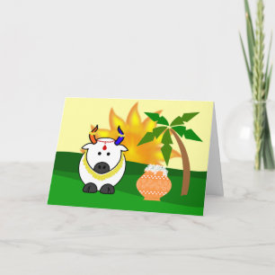 Pongal Pot, Cow, and Tree Greeting Card