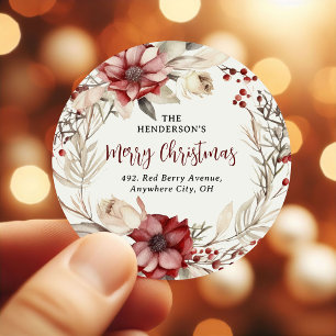Ponsietta Christmas Wreath Return Address Classic Round Sticker