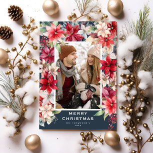 Ponsietta Floral Merry Christmas Photo Holiday Card