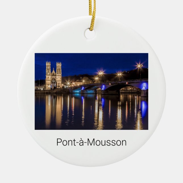 Pont a Mousson Panorama with Moselle Souvenir Ceramic Tree Decoration (Front)