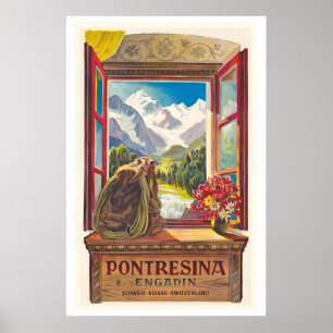 Pontresina Engadin Switzerland Vintage Ski Poster