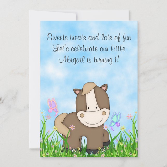 Pony and Butterflies Horse 1st Birthday Invitation (Front)
