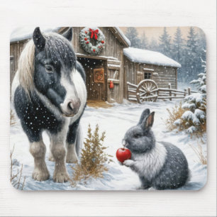 Pony and Rabbit On a Christmas Farm Mouse Pad