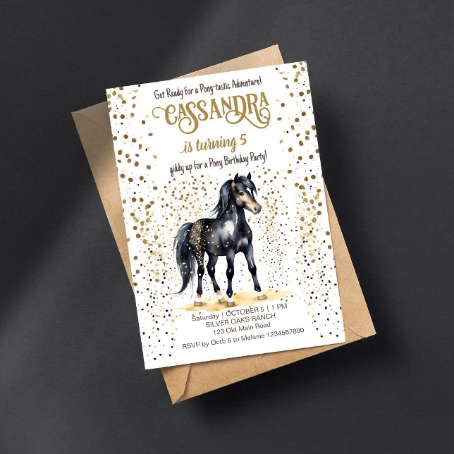 Pony birthday party black horse gold sprinkles invitation (Pony horses birthday party editable template invitation digital download black horse gold sprinkles)