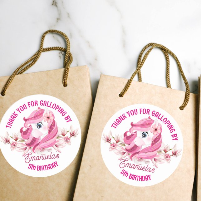 Pony birthday party pink horse thank you classic round sticker (Creator Uploaded)