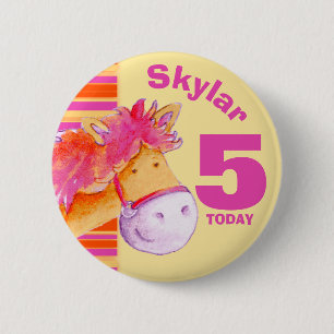 Pony horse 5th birthday pink yellow button