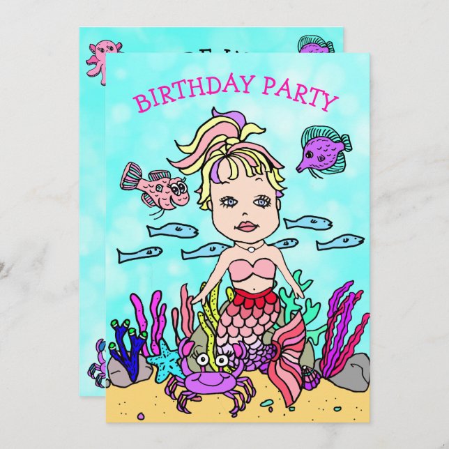 Ponytail  Mermaid Under the Sea Birthday Party Invitation (Front/Back)