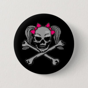 Ponytail skull w/ pink bows 6 cm round badge