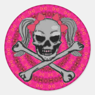 Ponytail skull w/ pink bows classic round sticker