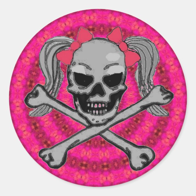 Ponytail skull w/ pink bows classic round sticker (Front)