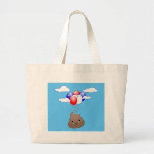 Poo Emoji Flying With Balloons In Blue Sky Large Tote Bag