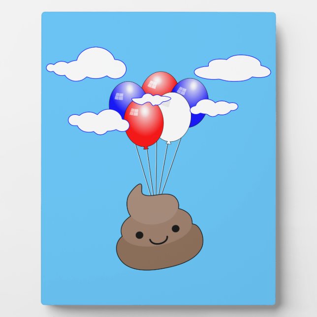 Poo Emoji Flying With Balloons In Blue Sky Plaque (Front)