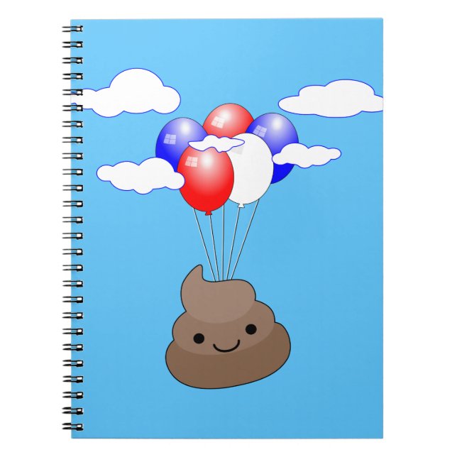 Poo Emoji Flying With Balloons In Blue Sky Spiral Notebook (Front)