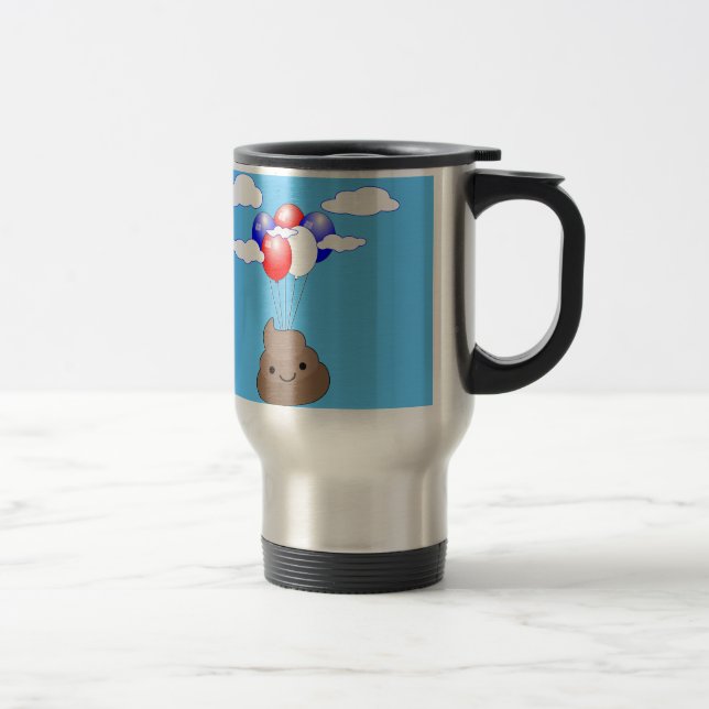 Poo Emoji Flying With Balloons In Blue Sky Travel Mug (Right)