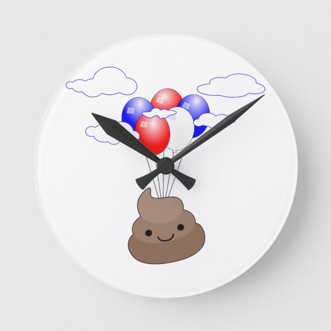 Poo Emoji Flying With Balloons Round Clock (Front)