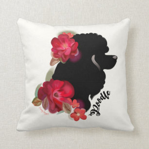 Poodle art pillow red floral silhouette dog art