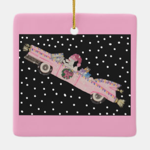 Poodle at Christmas in a pink convertible Ceramic Ornament