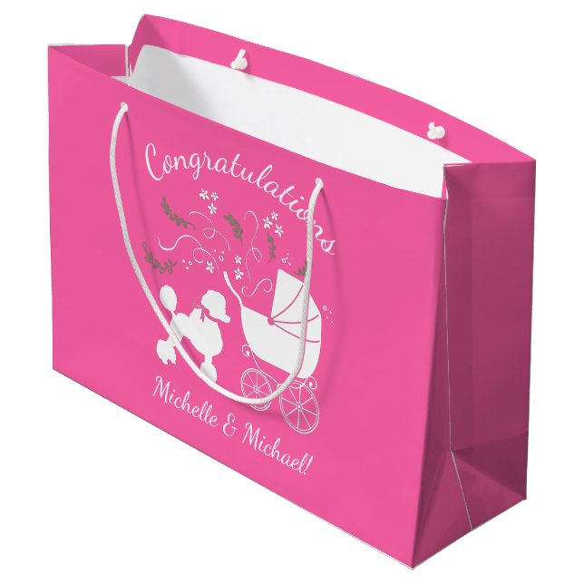 Poodle Baby Shower Pink Large Gift Bag (Back Angled)