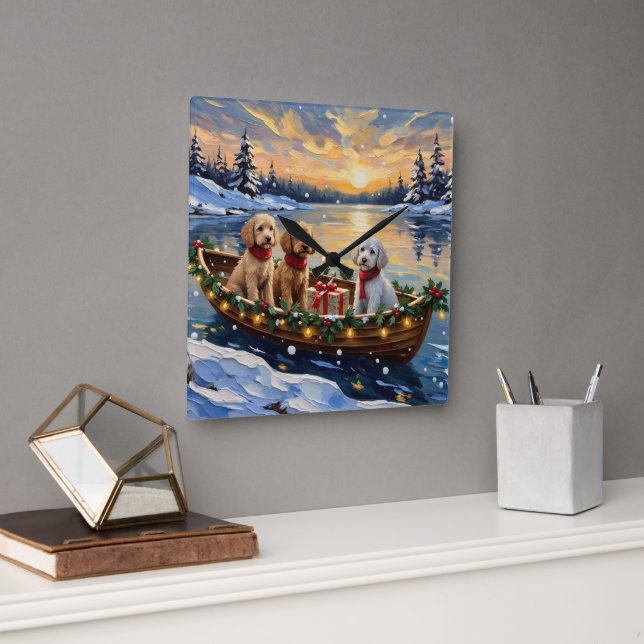 Poodle Christmas Boat Holiday Square Wall Clock (Office)