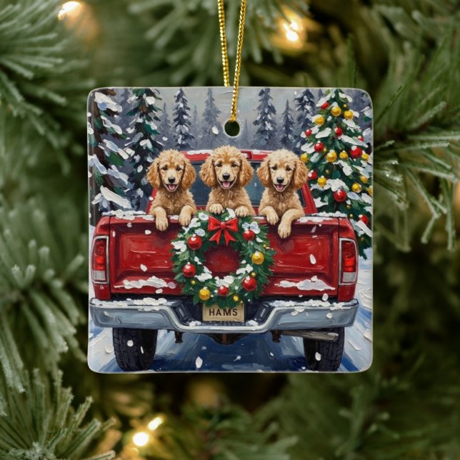 Poodle Christmas Red Truck Holiday Ceramic Ornament (Tree)