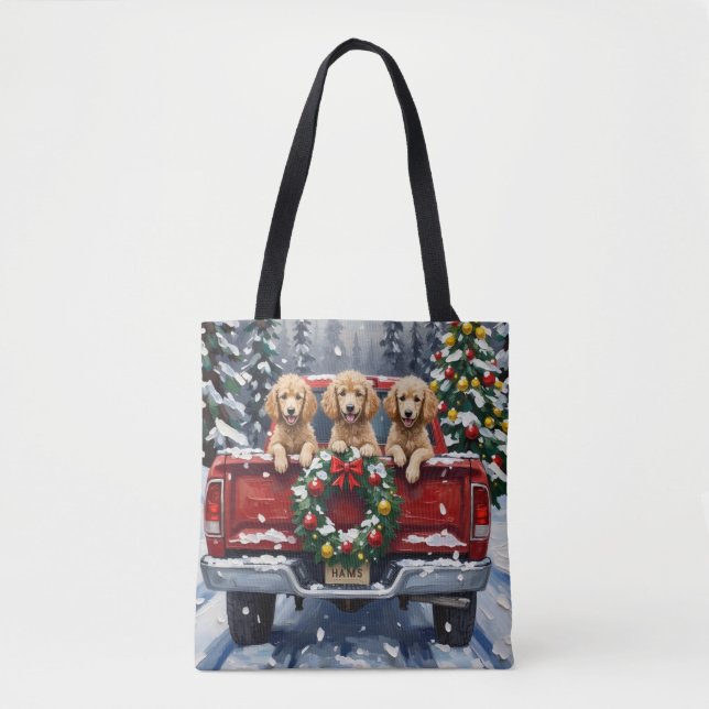 Poodle Christmas Red Truck Holiday Tote Bag (Front)