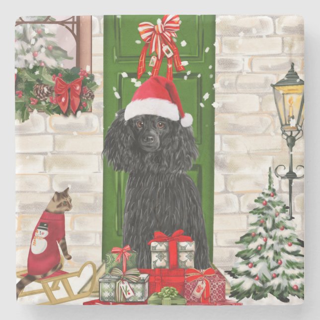 Poodle Christmas Stone Coaster (Front)