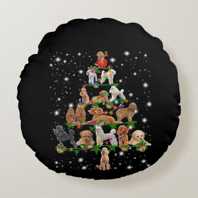 Poodle Christmas Tree Covered By Flashlight Round Cushion (Front)