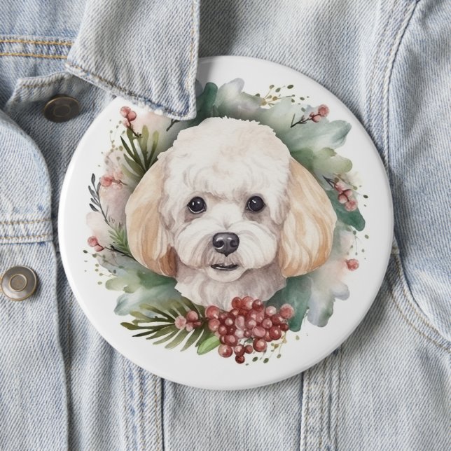 Poodle Christmas Wreath Festive Pup  6 Cm Round Badge (In Situ)
