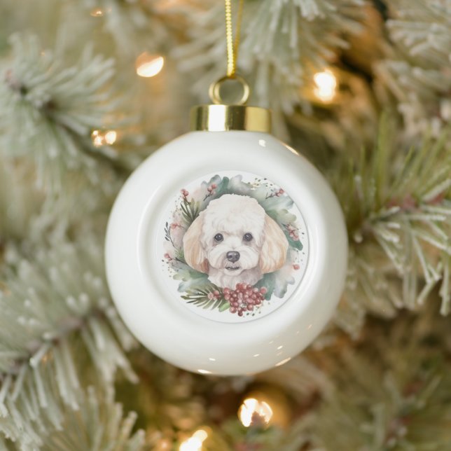 Poodle Christmas Wreath Festive Pup  Ceramic Ball Christmas Ornament (Tree)