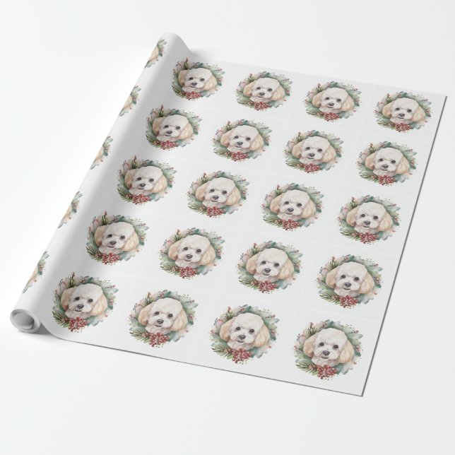 Poodle Christmas Wreath Festive Pup  Wrapping Paper (Unrolled)