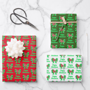 Poodle Cute Christmas Dog & Green Bow 3 Colour Wrapping Paper Sheet