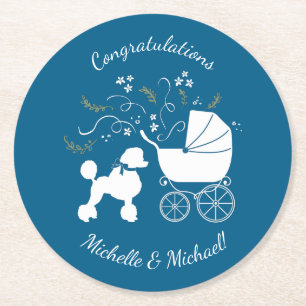 Poodle Dog Baby Shower Puppy Blue Boy Round Paper Coaster